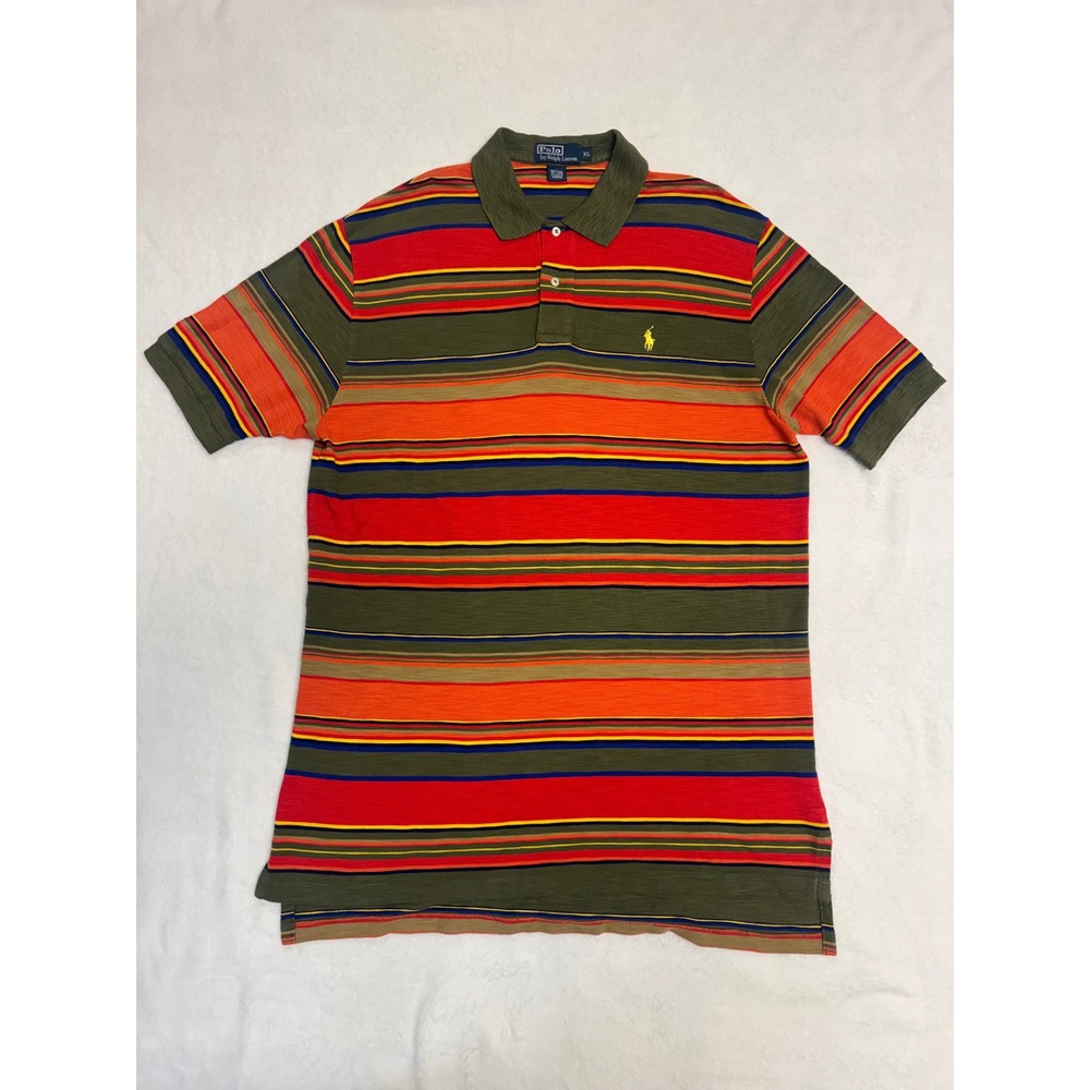 Polo Ralph Lauren Mens XL Striped Polo Shirt Olive Green Red Orange Short Sleeve